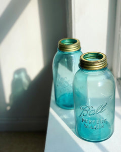 Pair of Large Aqua Glass Ball Mason Jars